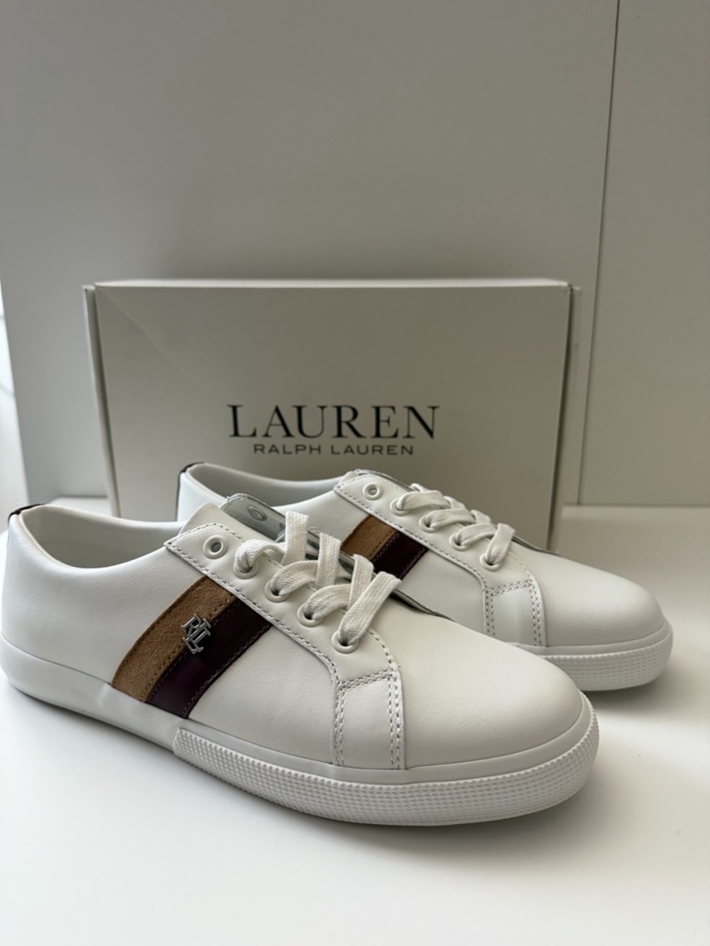 Lauren Ralph Lauren White Leather Sneakers with Brown and Tan Stripes